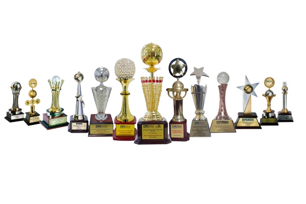 A line up of award trophies