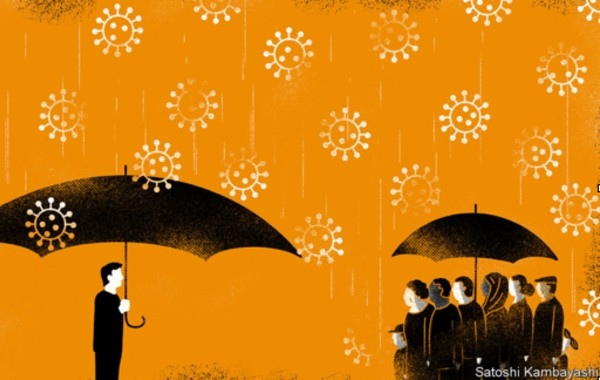 Drawing of one person underneath an umbrella looking at a group of people under a different umbrella