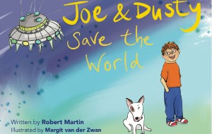 Book cover illustration showing a boy, dog and UFO