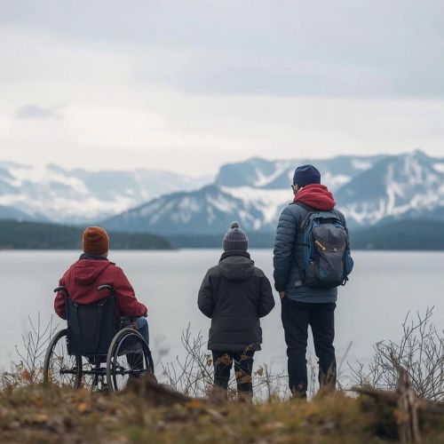 3 people including a wheelchair user looking out across a lake and mountains
